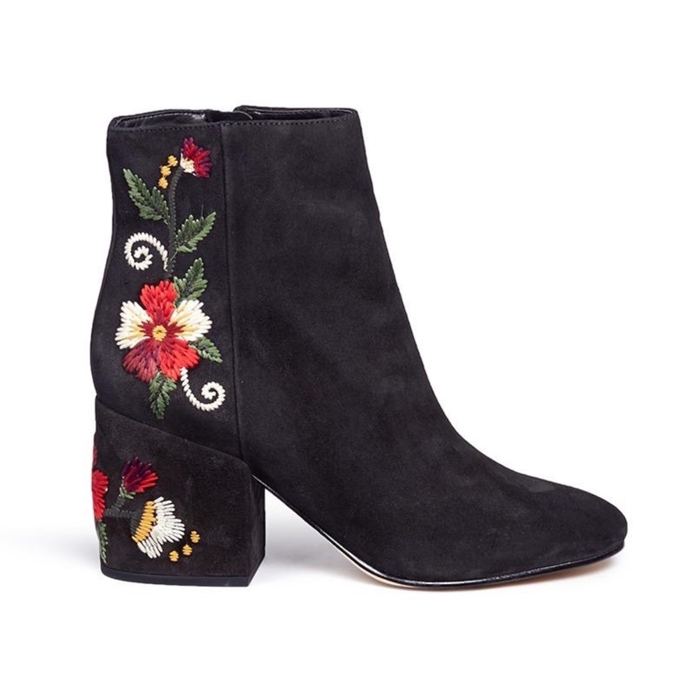 Sam Edelman Tavi Floral Embroidered Black Suede Booties Size 8.5